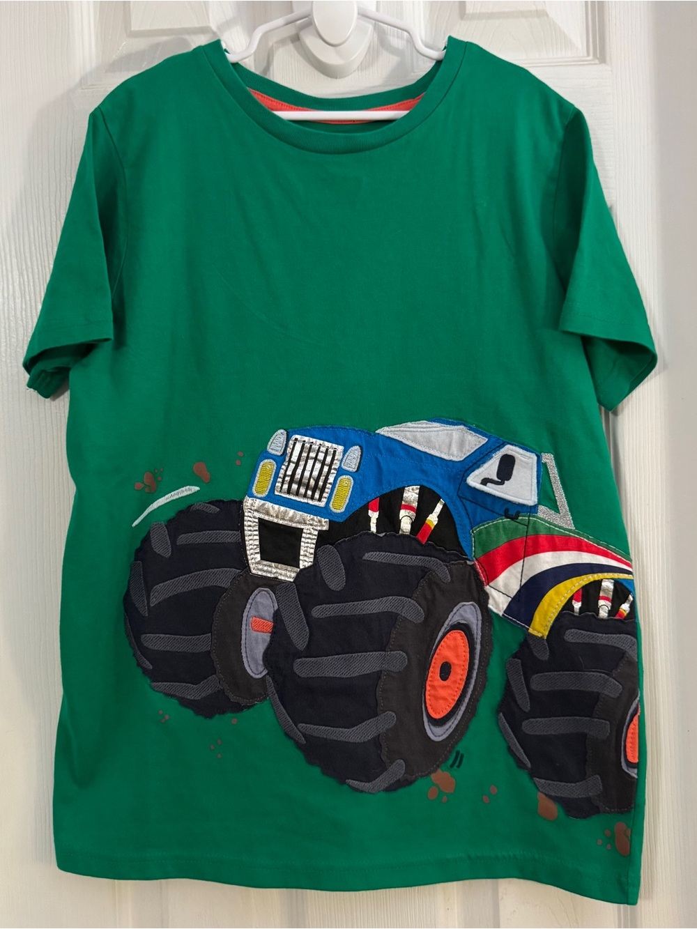 Mini Boden Boy Green 100% Cotton Tee with Monster Tuck Appliqué Short Sleeves